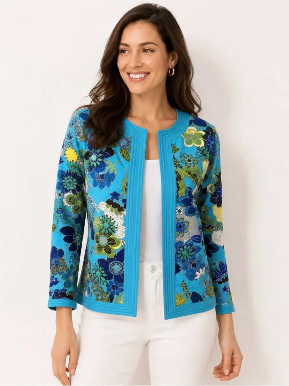 Chico's Blue Floral Open Front Lightweight Jacket Women's Size 0 (US Small)